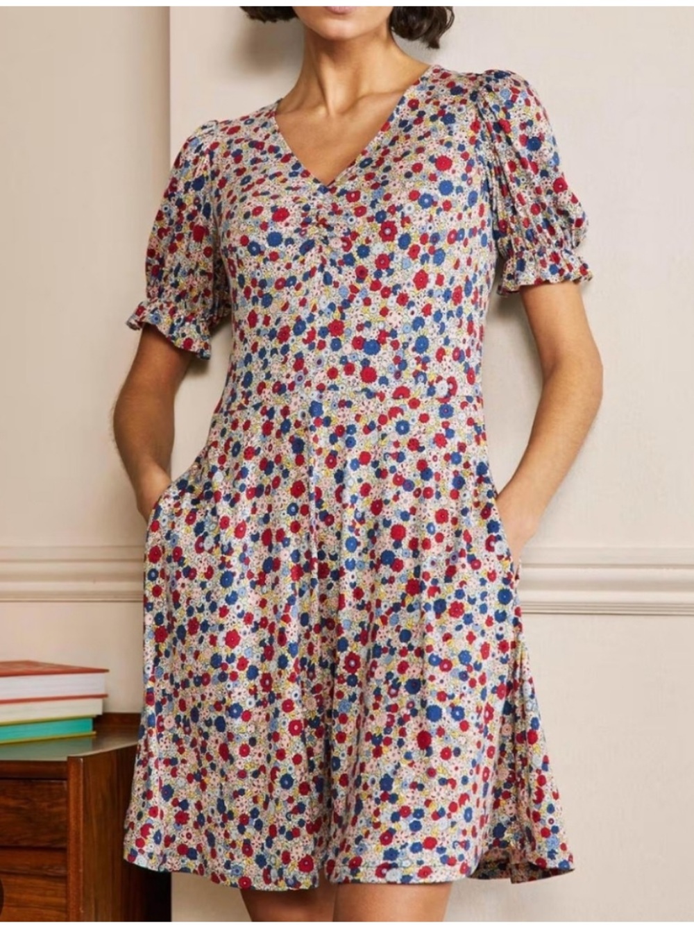 BOGO! Boden V-Neck Jersey Knit Dress Riviera Blue Ditsy Floral Size 8 Long